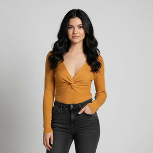 No Boundaries XL Gold Yellow Ribbed Long Sleeve V-neck Top